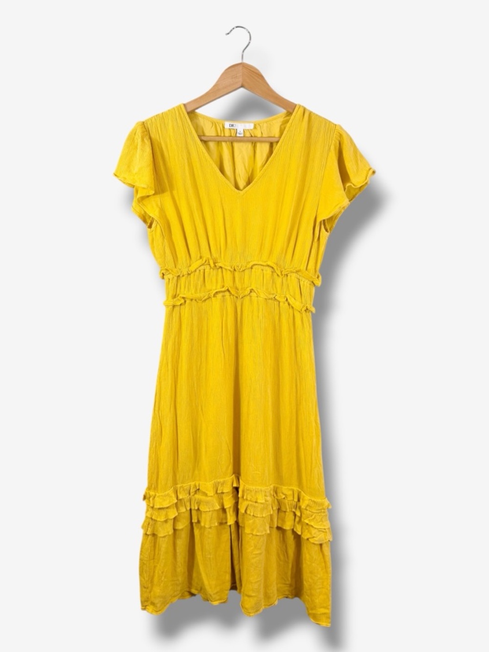 DR2 Yellow Midi Dress Size S Flutter Sleeve Fit & Flare Tiered V-Neck Ruffle
